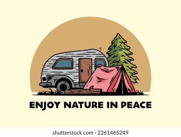 Illustration design of a Teardrop camper and tent in front of pine tree