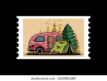 Illustration design of a Teardrop camper and tent in front of pine tree