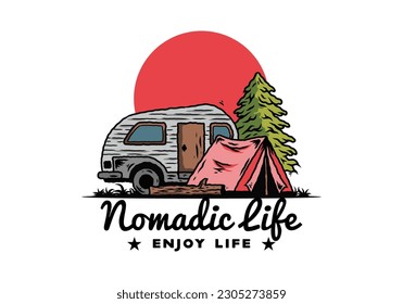 Illustration design of a Teardrop camper and tent in front of pine tree