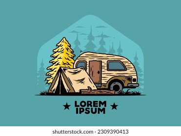 Illustration design of a Teardrop camper and tent in front of pine tree