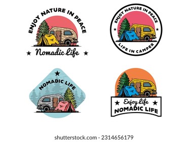 Illustration design of a Teardrop camper and tent in front of pine tree