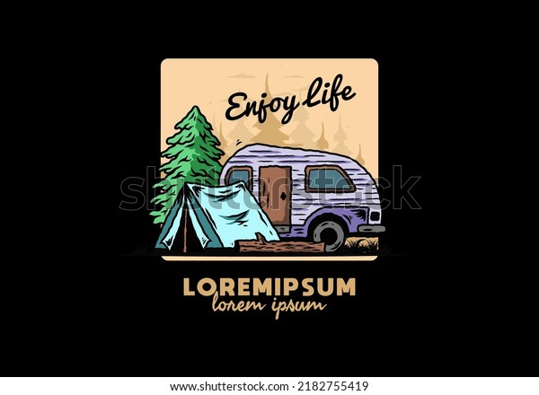 Illustration design of a Teardrop camper and tent in\
front of pine\
tree