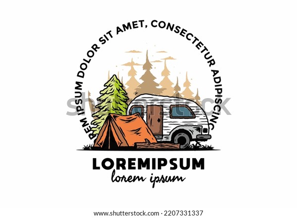 Illustration design of a Teardrop camper and tent in\
front of pine\
tree