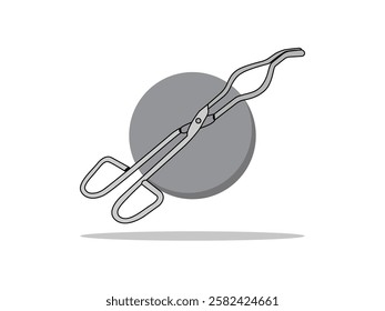 Illustration design for a test tube clamp icon, for clamping a test tube when heated, shape resembling scissors, vector floating icon with black outline on a round background