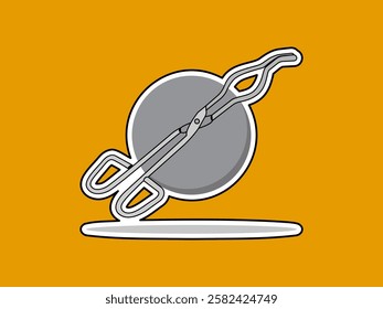 Illustration design of test tube clamp icon, for clamping test tubes when heated, shape resembles scissors, vector icon with black and white outlined sticker style isolated on orange background