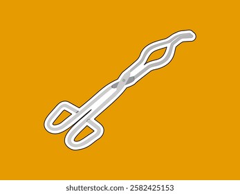 Illustration design of a test tube clamp icon, for clamping a test tube when heated, shape resembling scissors, vector realistic icon in sticker style isolated on an orange background