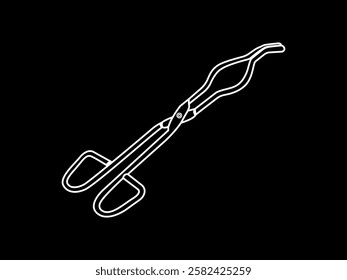 Illustration design of test tube clamp icon, to clamp test tube when heated, shape resembles scissors, realistic vector icon with simple white outline only isolated on black background