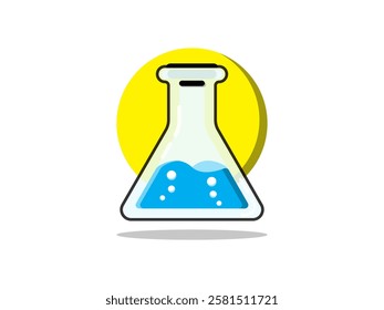 Illustration design of test tube icon with chemical liquid, equipment from chemical laboratory for experiments, vector realistic icon with black lines isolated on white background and round shape