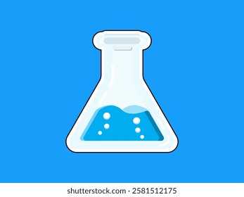 Illustration design of test tube icon with chemical liquid, equipment from chemical laboratory for experiments, flask bottle for chemicals, vector icon with sticker style isolated blue background