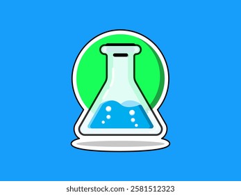 Illustration design of test tube icon with chemical liquid, equipment from chemical laboratory for experiments, realistic icon vector with black striped sticker style isolated on blue background