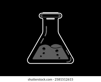 Illustration design of test tube icon with chemical liquid, equipment from chemical laboratory for experiments, vector realistic icon in monochrome style with white lines only, on black background