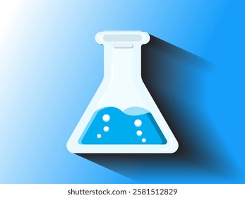 Illustration design of test tube icon with chemical liquid, equipment from chemical laboratory for experiments, chemical flask, vector icon with long shadow on blue background and white light