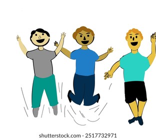 Illustration design of three men enjoying freedom by expressing a cheerful smile while jumping happily