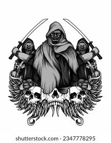 illustration design of three samurai knights wielding swords