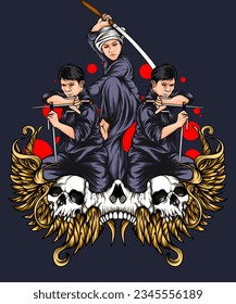 illustration design of three warriors carrying machetes with scary faces