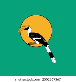 Illustration Design Toucan Sitting on Branch. on front of the sun. Exotic and Beautiful Bird - Vector