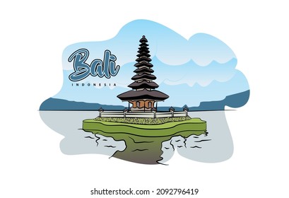 Illustration design of tourist attractions on the island of Bali with the background of Ulun Danu Bedugul Temple, Bali, Indonesia. one of the best travel options. vector
