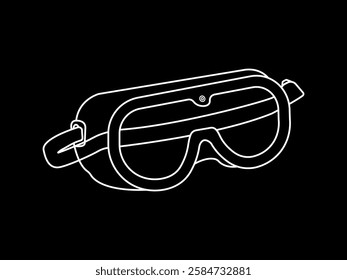 Illustration design of a transparent plastic safety glasses icon, protective goggles, for eye safety from irritation while working, vector with a white outline icon style only on a black background