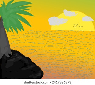 Illustrationsdesign eines Baumes am Rande eines Sonnenuntergangsstrandes mit weißen Wolken und Vögeln, die über dem Meer fliegen