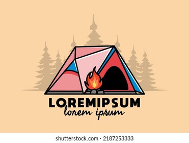 Diseño ilustrativo de una carpa de acampada triangular y fogata