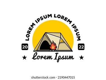 Diseño ilustrativo de una carpa de acampada triangular y fogata