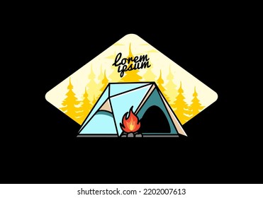 Diseño ilustrativo de una carpa de acampada triangular y fogata