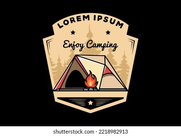 Diseño ilustrativo de una carpa de acampada triangular y fogata