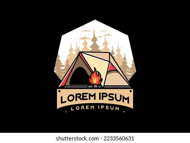 Diseño ilustrativo de una carpa de acampada triangular y fogata