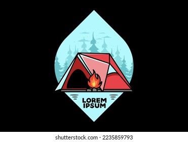 Diseño ilustrativo de una carpa de acampada triangular y fogata
