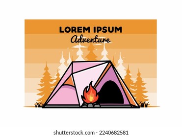Illustration design of a triangle camping tent and bonfire