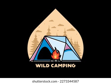 Illustration design of a triangle camping tent and bonfire