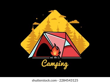 Diseño ilustrativo de una carpa de acampada triangular y fogata