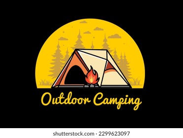 Illustration design of a triangle camping tent and bonfire