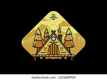 illustration design of a triangle wooden cabin between pine tress