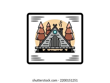 illustration design of a triangle wooden cabin between pine tress