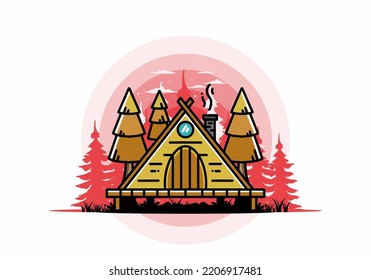 illustration design of a triangle wooden cabin between pine tress