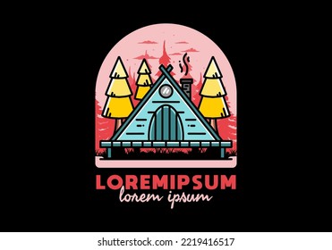 illustration design of a triangle wooden cabin between pine tress
