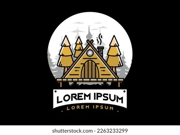 illustration design of a triangle wooden cabin between pine tress