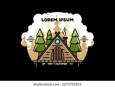 illustration design of a triangle wooden cabin between pine tress