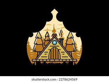 illustration design of a triangle wooden cabin between pine tress