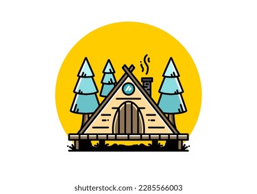 illustration design of a triangle wooden cabin between pine tress