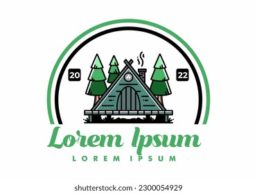 illustration design of a triangle wooden cabin between pine tress
