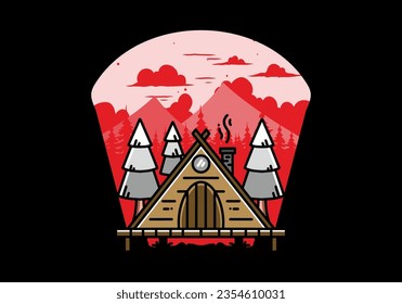 illustration design of a triangle wooden cabin between pine tress