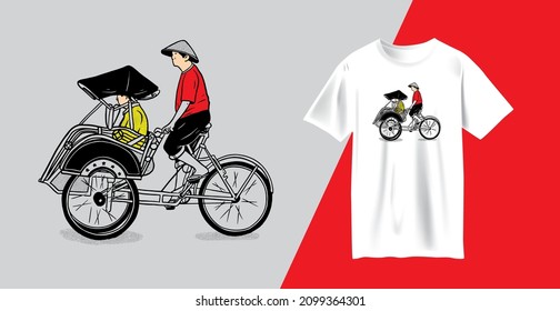 illustration design tshirt ride becak jogja playful