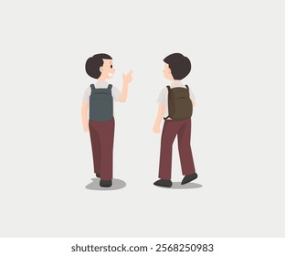 Illustration design of two boys going to school, wearing typical Indonesian elementary school uniforms, namely red and white
