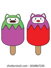 Illustration design of two colored ice cream cats with brown colored sticks