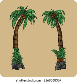 illustration design of two green coconut trees right and left on the beach