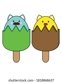 Illustration design of two ice cream cats in blue and yellow with brown sticks