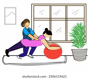 Illustration Design von zwei Personen machen Physiotherapie Übungen in einem sauberen und komfortablen Raum mit Glasfenstern und grünen Pflanzen in Töpfen.