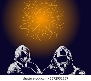 Illustration design of two people in white robes under the light with flashes of light